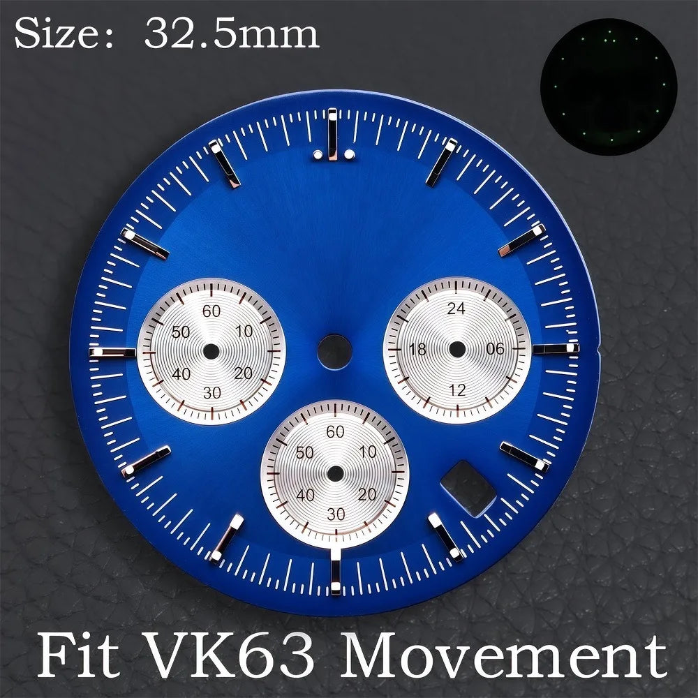 32.5MM Dial Fit VK63 Movement Green Luminous Dial Hands Men's Watches Part VK63 Watch Accessories Maintenance Tools