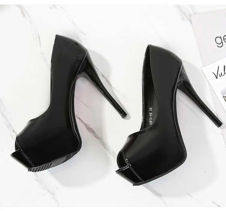 Women Pumps Sexy Platform Peep Toe Shoes 14cm Thin High Heels Stiletto Patent Leather Fashion Party Nighclub Wedding Dress Shoes