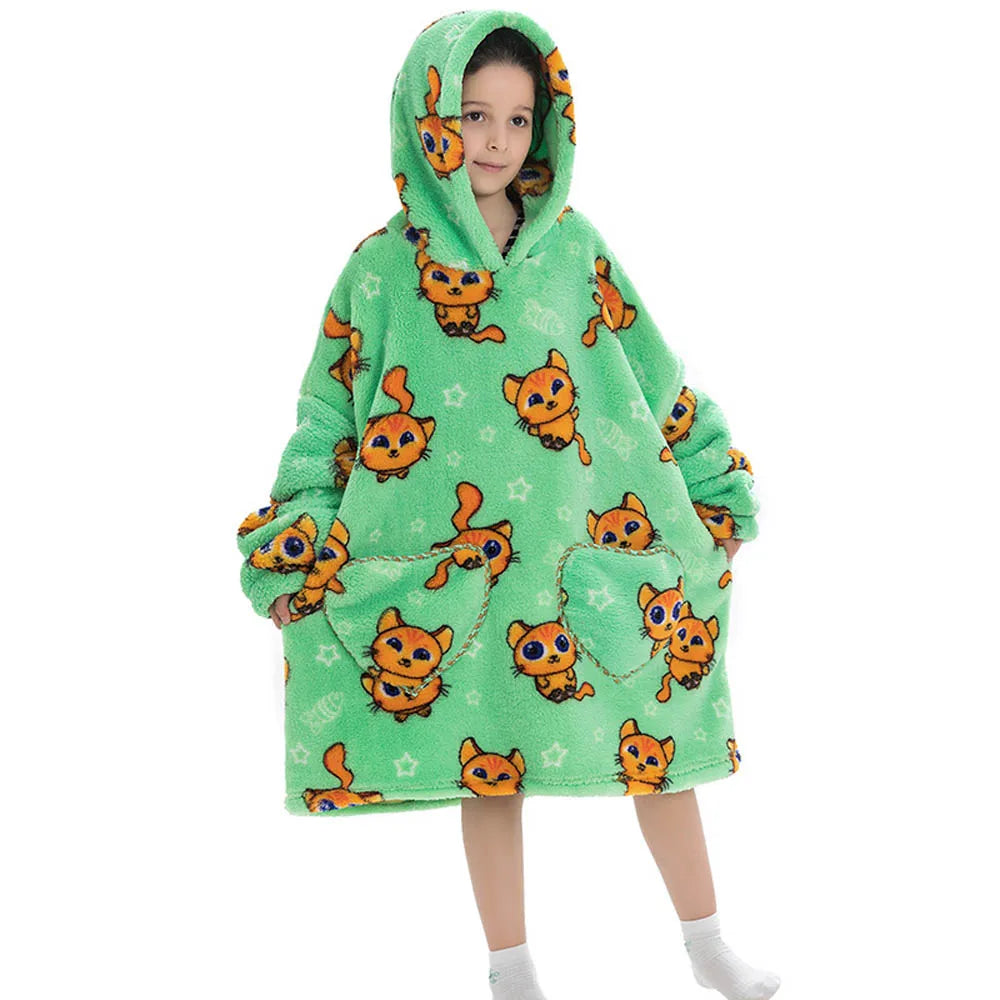 Girls Winter Clothes Flannel Thick Hoodies Super Warm Children's Sweaters Kids Hooded Loose Clothing Homewear Wearable Blankets