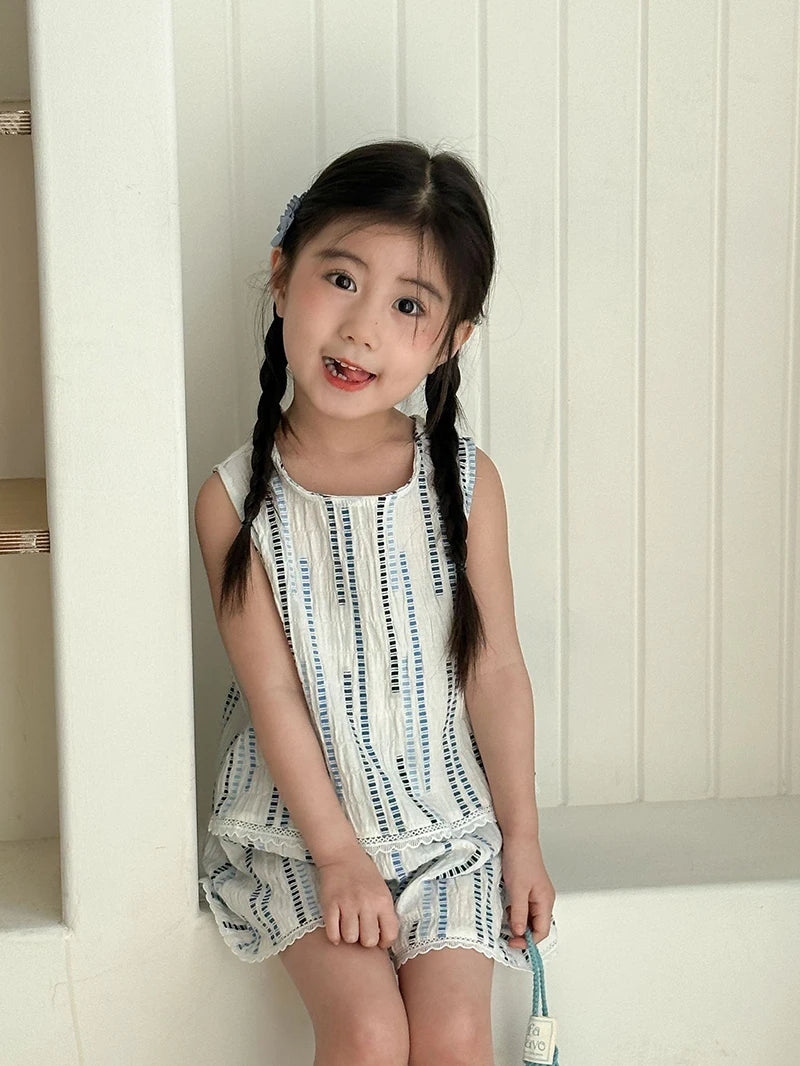 Summer Children's Vest Set Girls Lace Top Suit Kids Embroidered Striped Tank Top and Shorts 2Pcs Boys Casual Suit Sibling Outfit