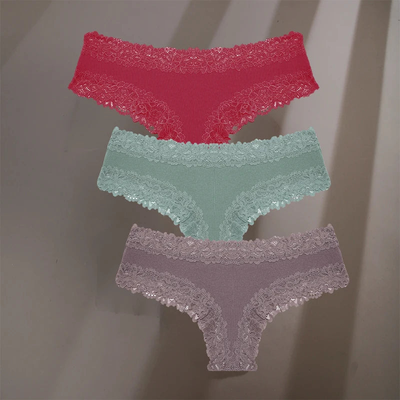 3Pcs/Set Sexy Lace Briefs Cotton Panties Women's Fashion 7 Solid Color Comfortable Briefs Low Waist Underpants Stretch Underwear