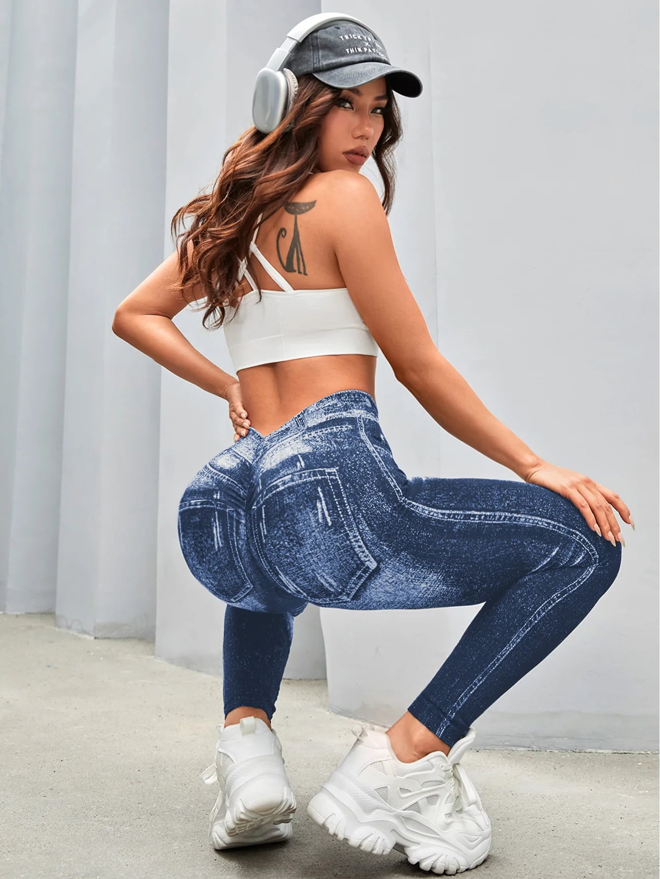 Women V Back Faux Denim Leggings For Gym Workout Athletic Yoga Pants Seamless