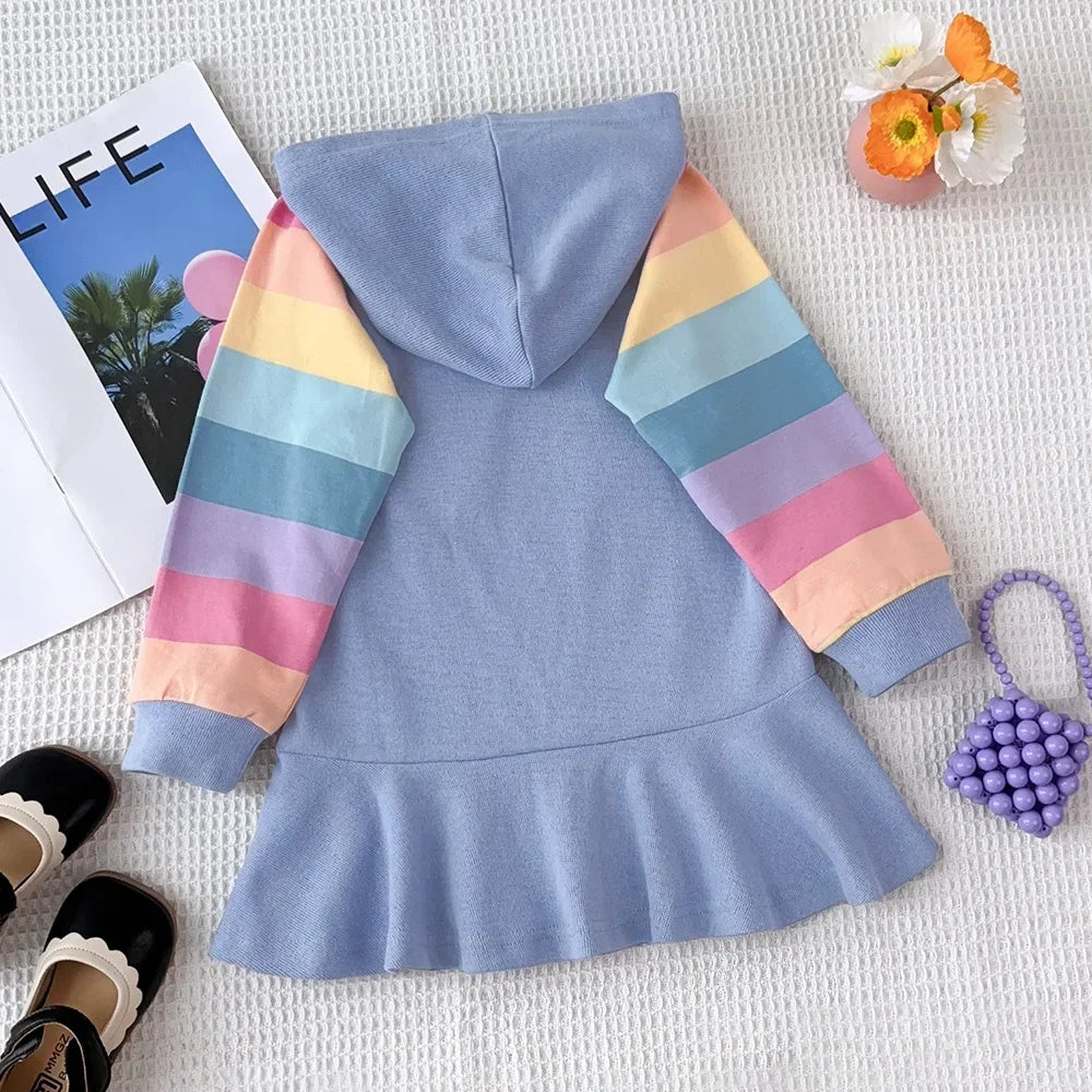Autumn Rainbow Dress Baby Girls Party Princess Dress Korean Version Long Sleeves Kids Clothes Casual Hooded Sweatshirt Outfits