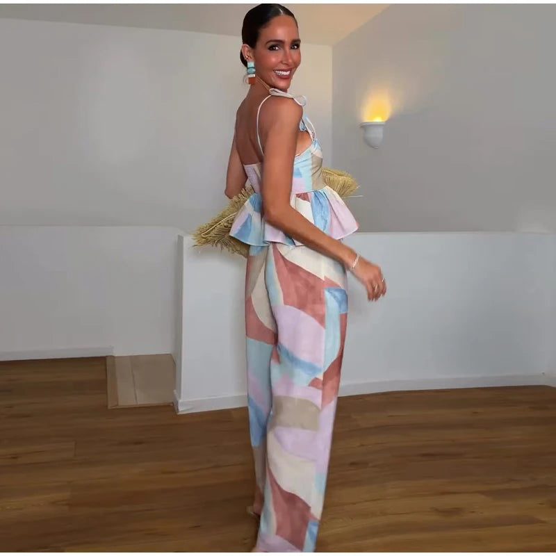 Pastel Print Cami Top Wide Leg Pants Set Ruffle Hem Sleeveless 2026 Summer Vacation Women Co-ord Set Chic Causal Lady Outfit