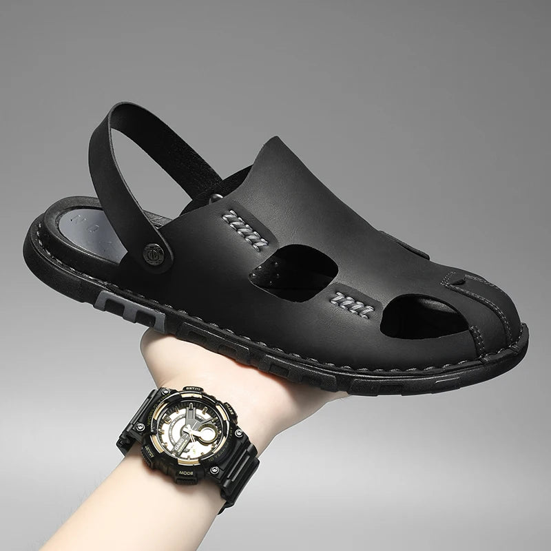 New Men's Leather Sandals Summer Slippers Beach Sandals Hollow Fashion Comfortable Outdoor Leisure Sports Sandals Large Shoes