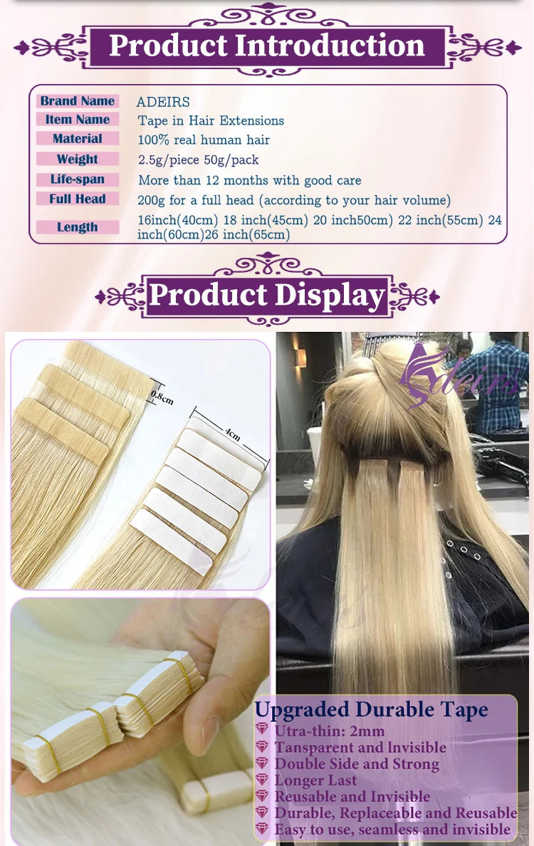 ADEIRS Straight Tape In Human Hair Extensions 100% Real Hair Extensions 16"-24" Black Brown Blonde #613 Invisible Tape In