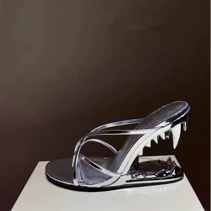 Spring Fashion Show, Teeth Shaped Heels, High Heels with Exposed Toes, Sloping Heels, Round Toe Fashion Women's Shoes