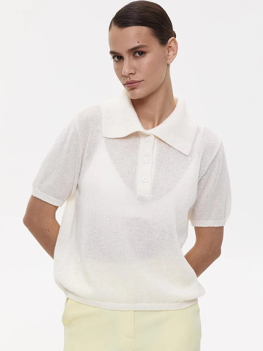 Bronladies Women's Polo Hollow Knitted Short Sleeved Sweater Spring Summer Bubble Sleeve T-shirt Female Simple Knitted Sweater