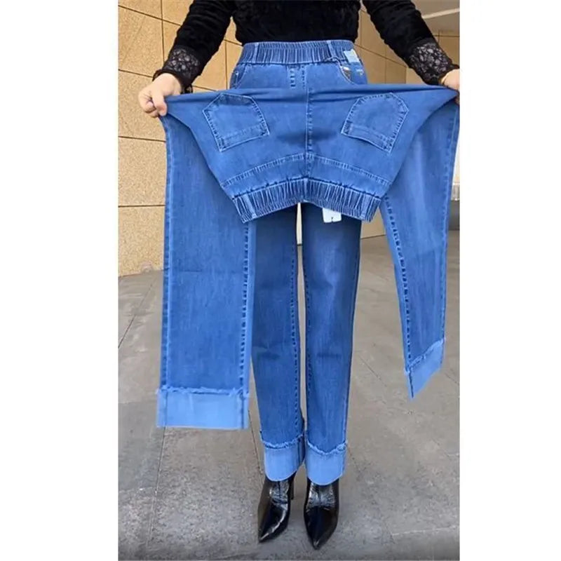 Plus Size Middle Aged Womens Jeans Elastic Waist High Waist Loose Denim Pants
