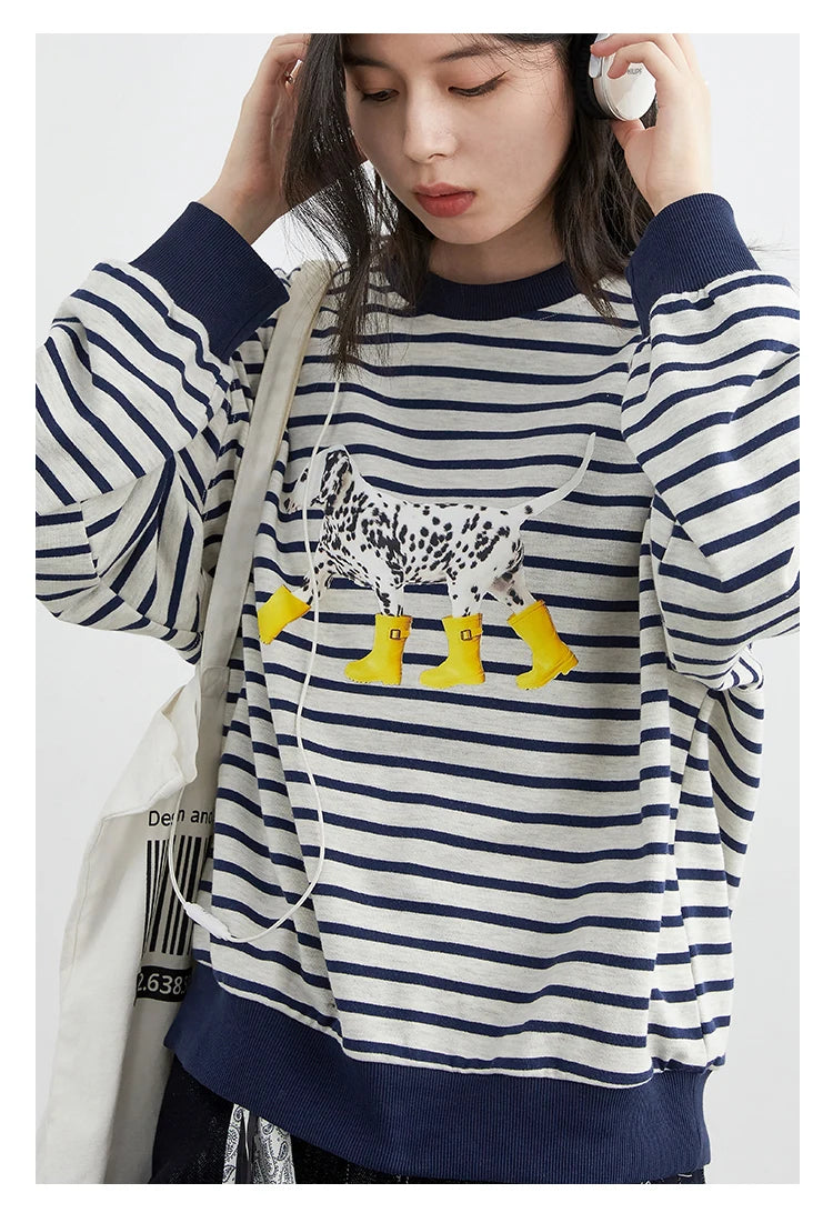 CHIC VEN New Women T-Shirts Loose Casual Round Neck Striped Dog Print Long Sleeved Female Tees Pullover Autumn Winter 2025