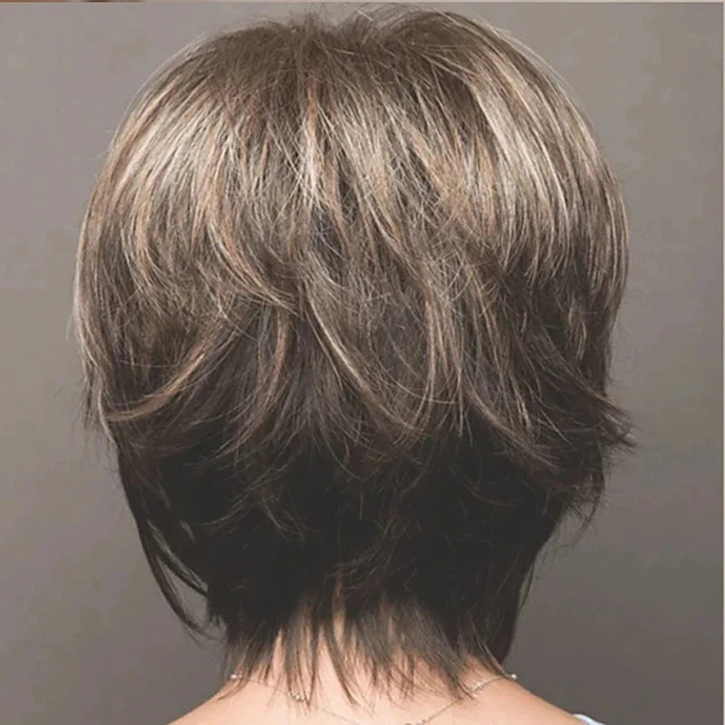 HAIRJOY Synthetic Hair Short Curly Brown Mixed Blonde Highlight Wigs with Bangs for White Women