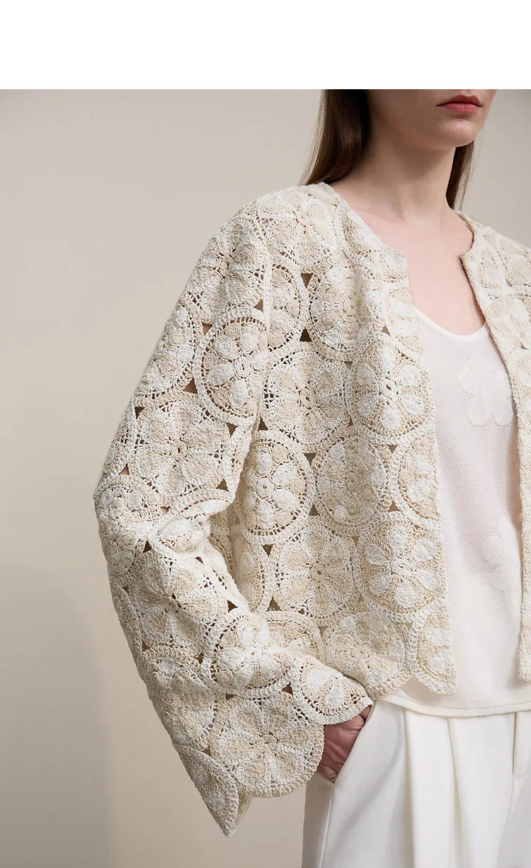 Amii Women Jackets 2026 Spring New Elegant Round Neck Hollow Crochet Jacket Women's Loose Short Cotton Long Sleeve Tops 12621069