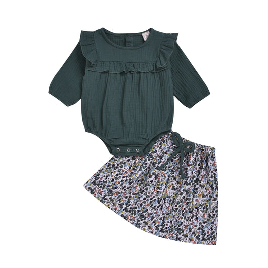 Baby Girls Long Sleeve Linen Bodysuit Romper + Floral Skirt Baby Autumn Winter Clothes Set