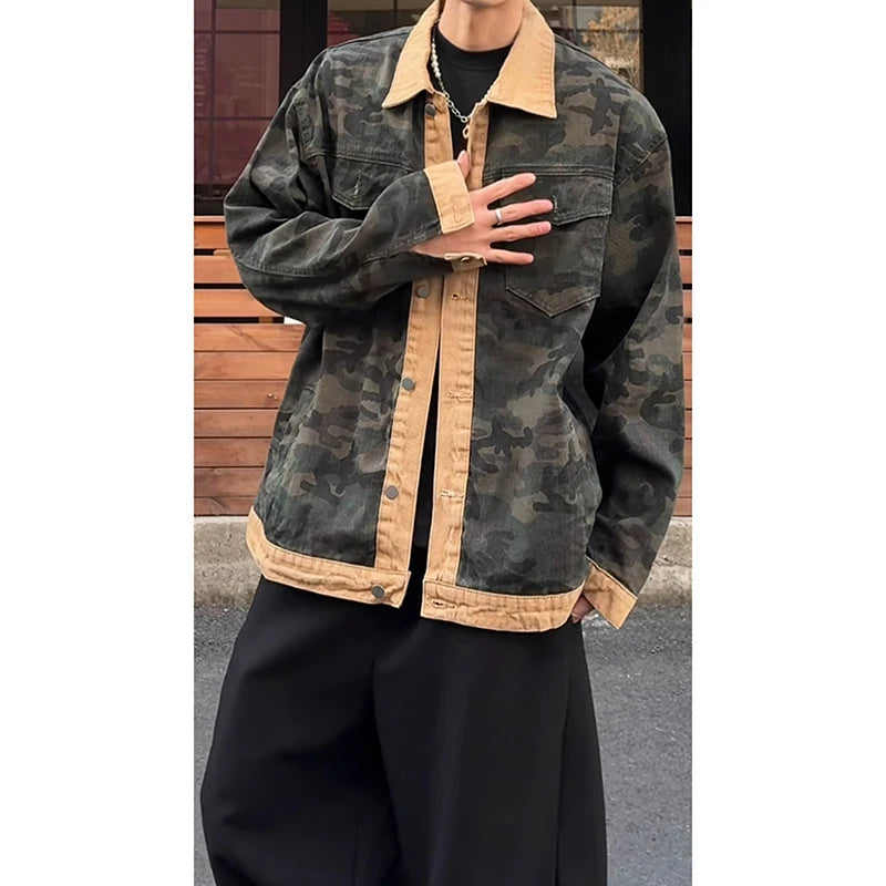 Men's Camouflage Denim Jacket Autumn Washed Turn down Collar Single-Breasted Long Sleeve Loose Fit Vintage Workwear Street Style