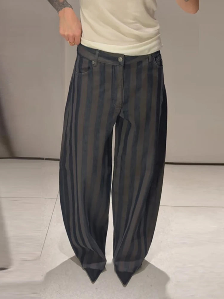 Women Stripe Pants Barrel Leg Pant High-Waist Trousers Loose Fit Woman Clothes Casual Bottom Daily Outfit Lady Clothing Outwear