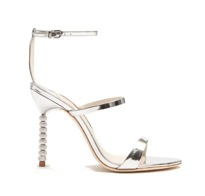 Red Silk Thin Straps Silver Frosting Beads Heels Sandals Wedding High Heels Cutout Open Toe Metal Beading Heels Banquet Shoes
