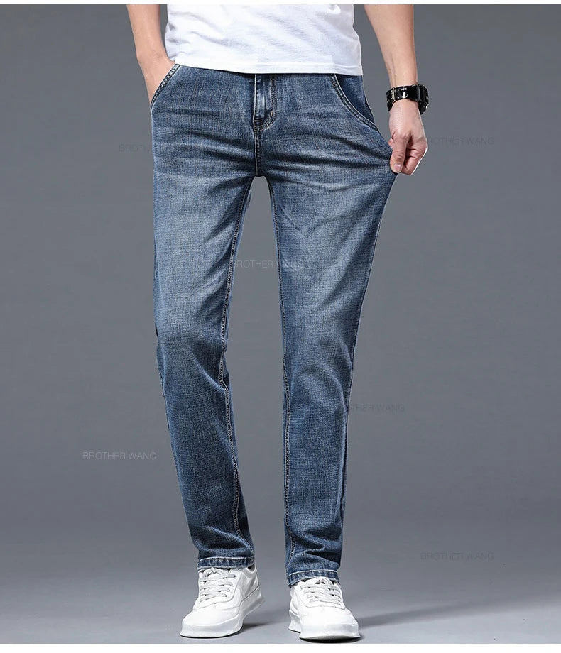 Classic Summer Men's Thin Stretch Fit Jeans Business Casual Slim Fit Denim Pants Soft Fabric High Quality Straight Leg Trousers