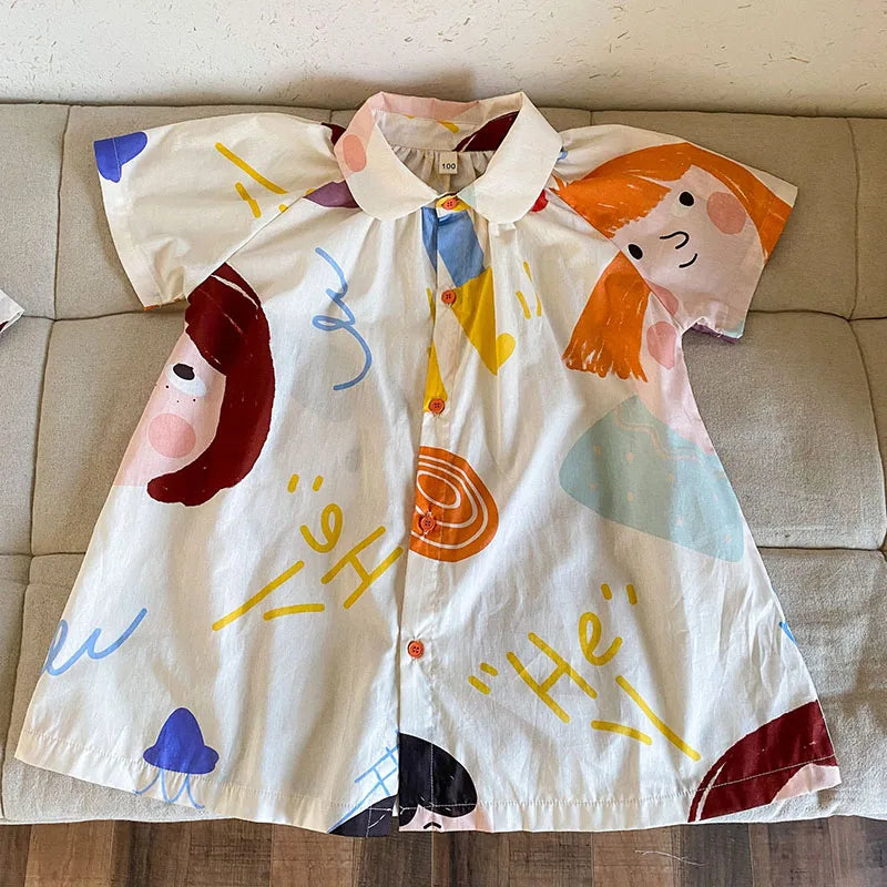 Loose Fit Summer Kids Clothes Set Girls Cute Graffiti Dress Boys Short Sleeved Shirt Children Thin Brother Sisters Outwear Suit