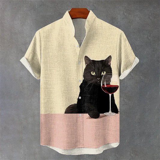 Casual Style Men's Linen Casual Shirt Cartoon Cat Cherry Tree Cat Men Women Fashion 3D Short Sleeve Top Shirt