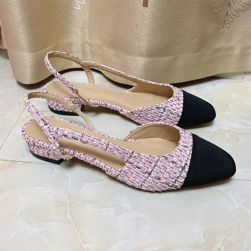 2023Spring Autumn Fashion High Heels Sandals Women's Dress Square Toe Slingback Shoes Women's Color Block Back With Flat Sandals