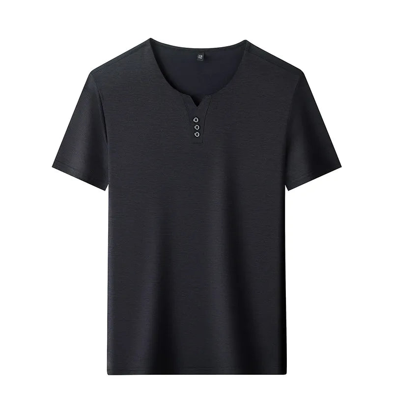2025 New Men's Business Casual Three Button V-neck Short Sleeved T-shirt Korean Style Summer Comfortable Versatile Top
