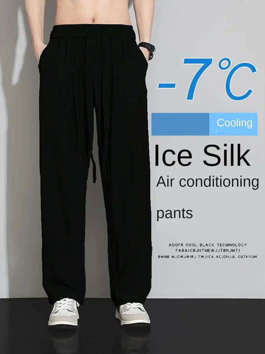 Summer New Arrival Men's Ice Silk Wide Leg Pants - Black Lightweight Breathable Quick-Dry Long Trousers (Cross-Border Exclusive)