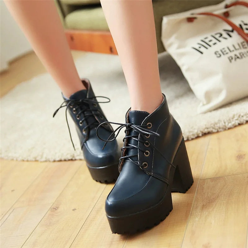 Lace Up Sexy Women's Ankle Boot Spring Autumn Fashion Platform Punk High Heels Black White Red Pumps Autumn Rubber Shoes Woman