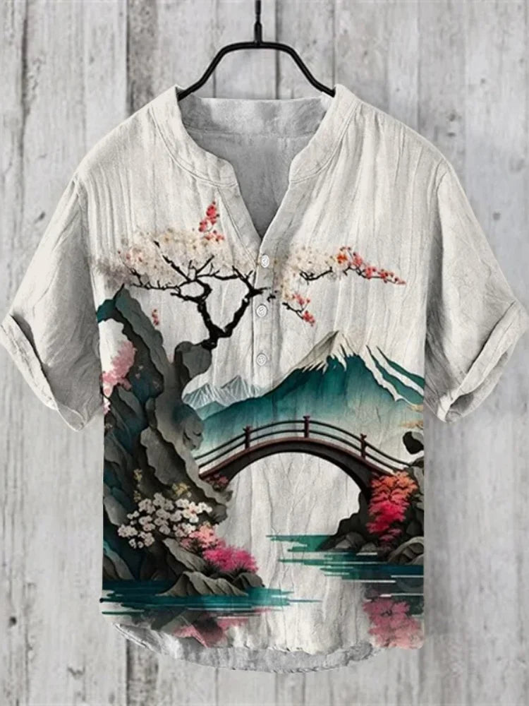 2025 New men's Linen short-sleeved Shirt Fashion Casual Printed Tops European And American Popular Style men's Clothing