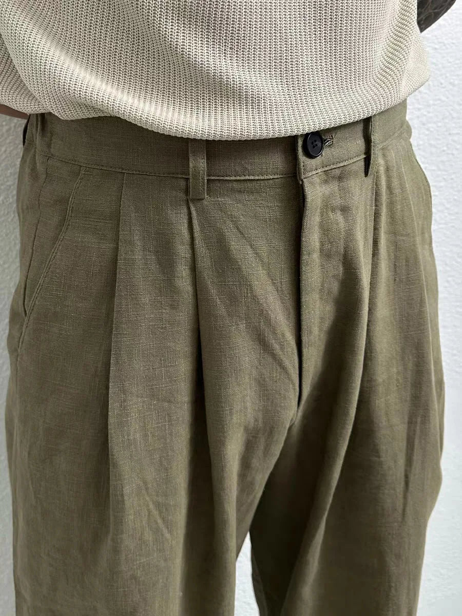 New Men's Cotton Linen Workwear Trousers Draped Wide Leg Pants Light Luxury Leisure Solid Straight Trousers Premium Sweatpants