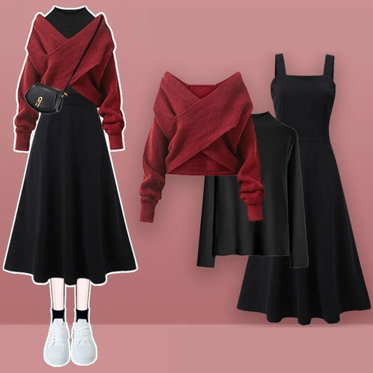 2025 Female Elegant Winter New Cross Knitted Sweater+Bottom Shirt+Black Strap Dress 3-Piece Suit Women Chic Hoodie Matching Set