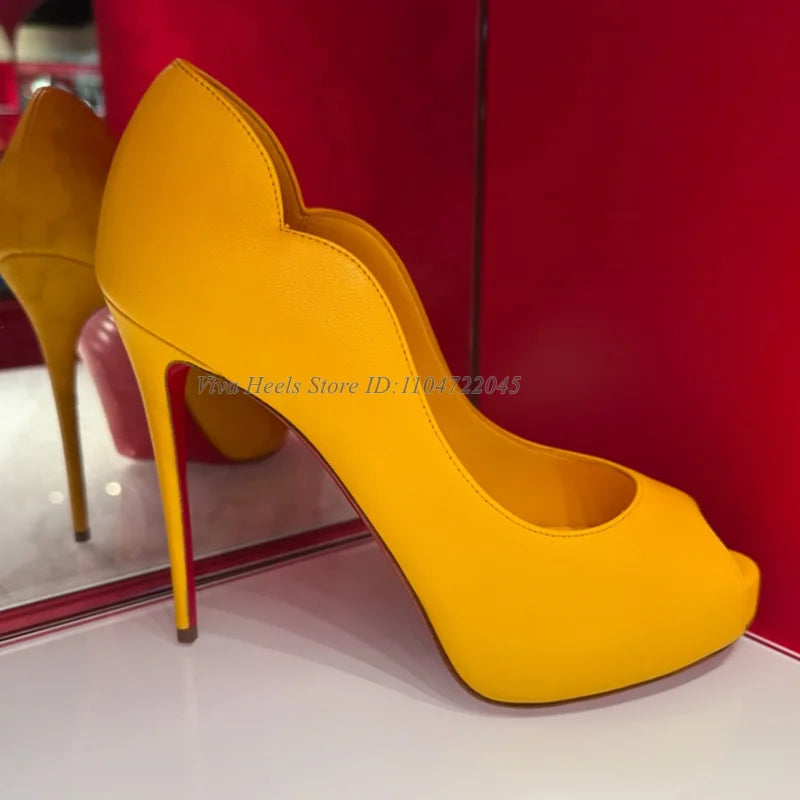 Sexy Peep Toe Leather Platform Pink/Black/Yellow/Nude Pumps Women's High Heels Shallow Party Lady  Luxury Designer Shoes