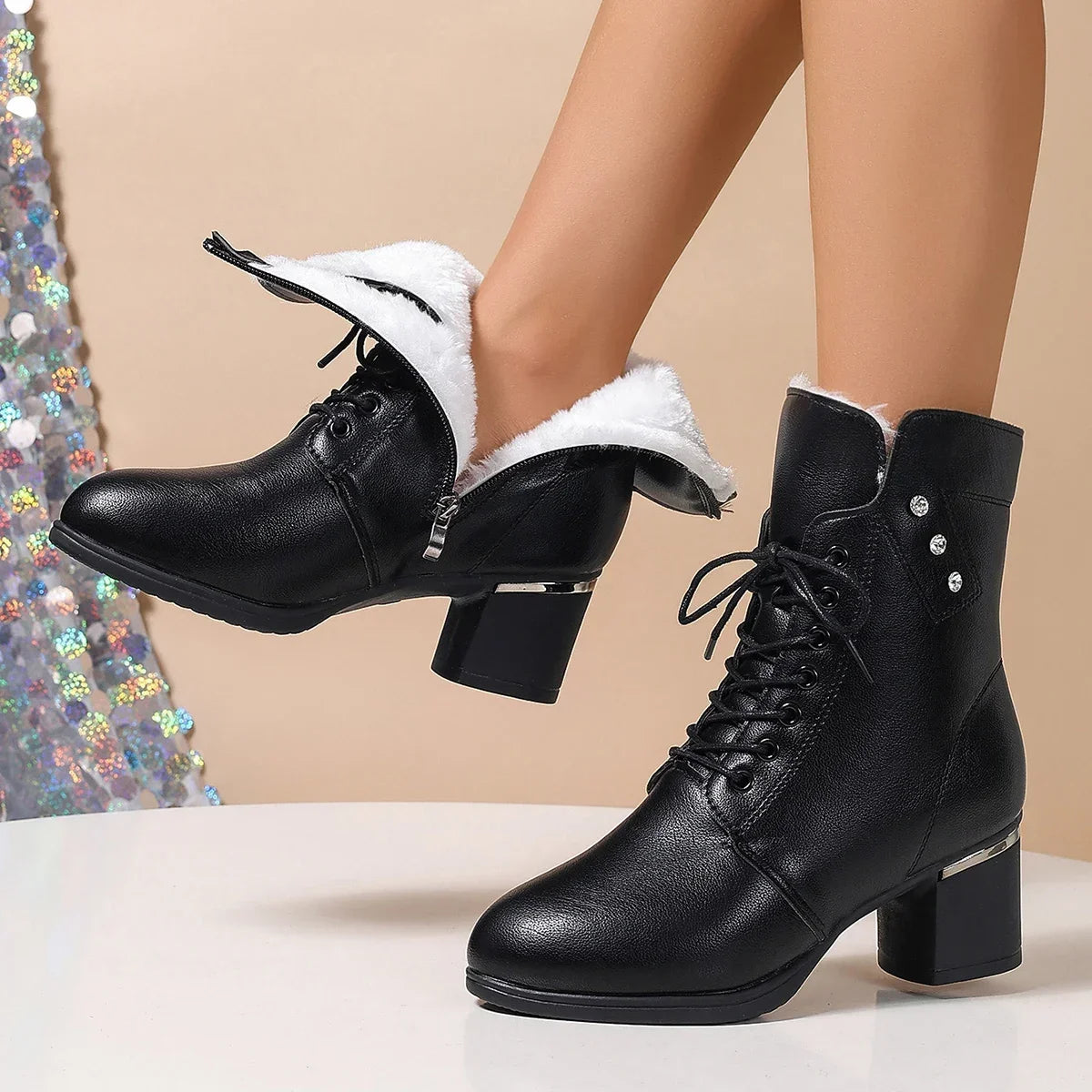 Winter 2024 Women's High Heels Long Plush Warm Ankle Boots Plus Size 42 Thick Square Heeled Motorcycle Boots Woman Shoes Short