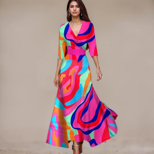 Fashion Colorful Print Dresses Elegant Temperament V-neck Wrap Seven Sleeve Party Dress Casual Robe Women Clothing Vestidos
