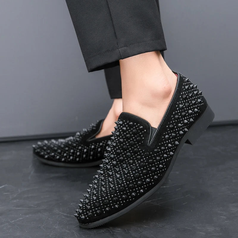 Men's Fashion Suede Leather Rivet Loafers Mens Casual Printed Moccasins Oxfords Wedding Shoes Man Party Driving Flats EU size 47