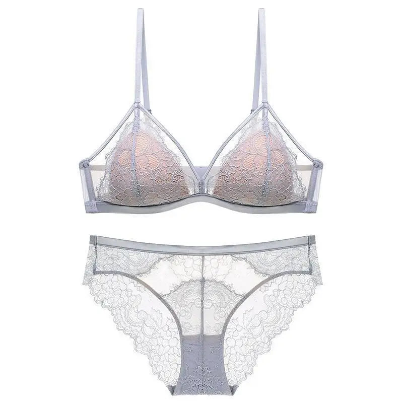 Sexy Lace Mesh Wireless Bra Set  Bra Soft Triangle Cup Bralette Panties Set Thin Lined Transparent Set Underwear Women Lingerie