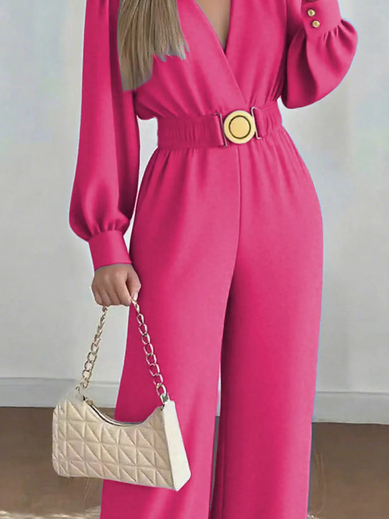 V Neck Solid Long Jumpsuits Fashion Commuting Belt Lace-Up Puff Sleeves Wide Legger Romper Casual Long Sleeve Women's Playsuit