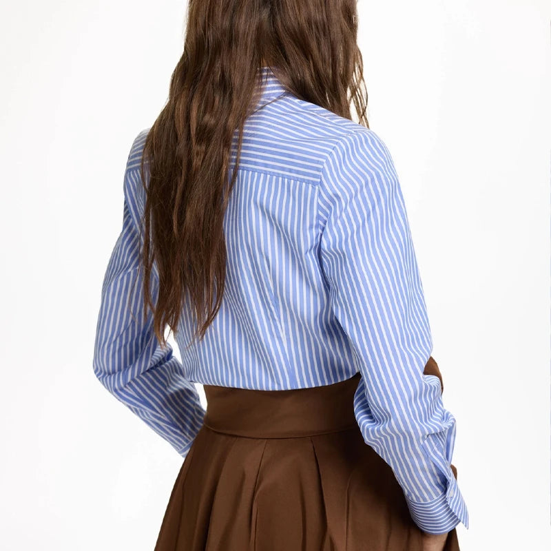 CH Women's casual cotton blouse with stripes and embroidered collar-long-sleeved streetwear, simple office top.