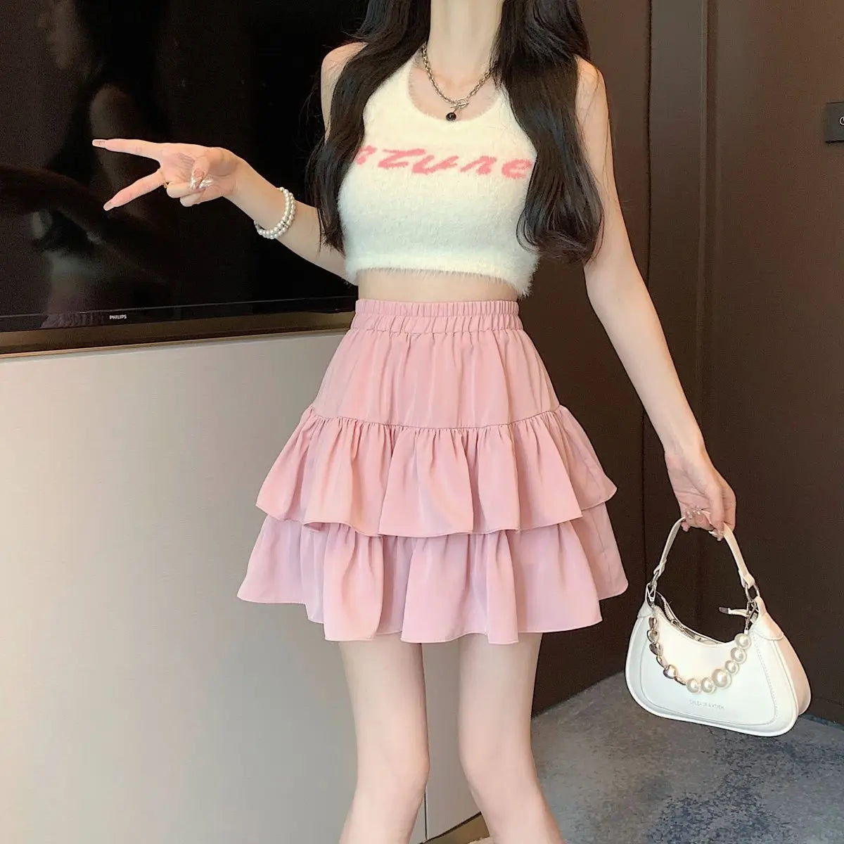 Ruffled Cake Skirts for Women High-waisted A-line Solid All-match Sweet Lovely Girls Korean Style Gentle Spring Kawaii Casual