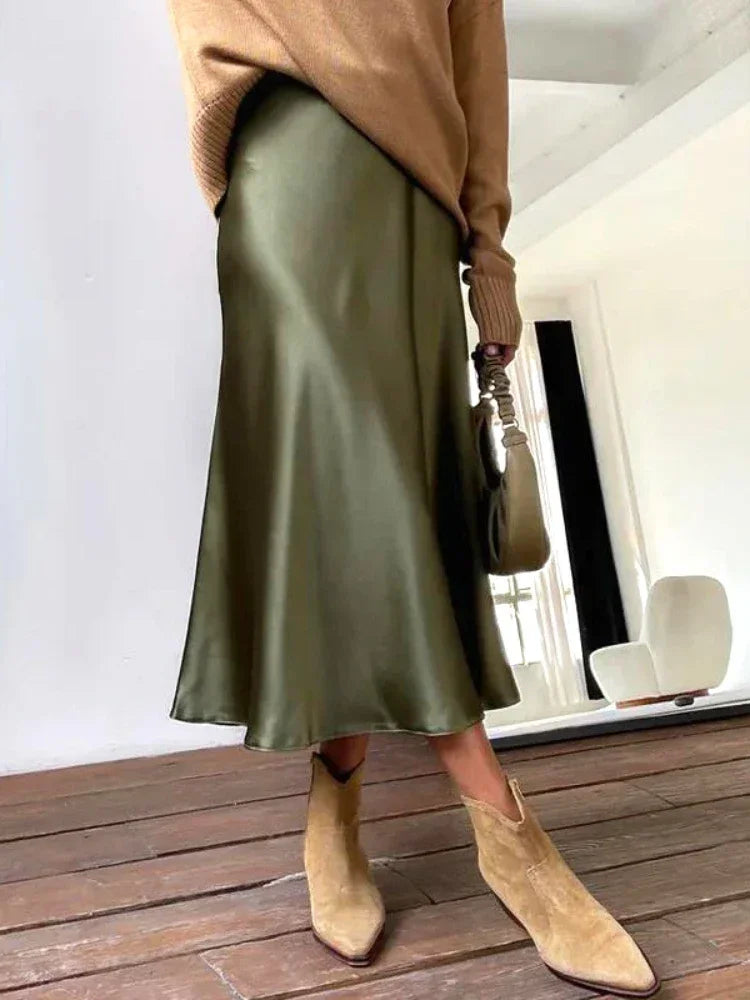 Elegant Women's Skirts High Waist Silk Satin A-line Skirt Lady Fashion Solid Color Purple Long Skirts for Women Fashion 2026
