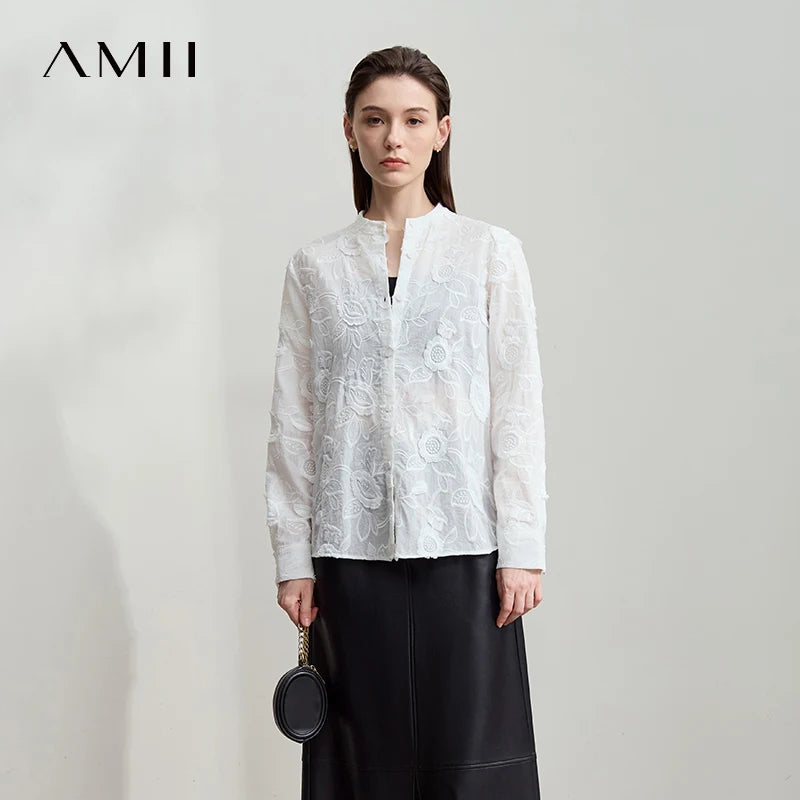 AMII 2025 Autumn New Elegant Embroidery Women's Shirt Stand Collar Wide Shoulder Office Lady Loose Blouses Women Tops 12543066