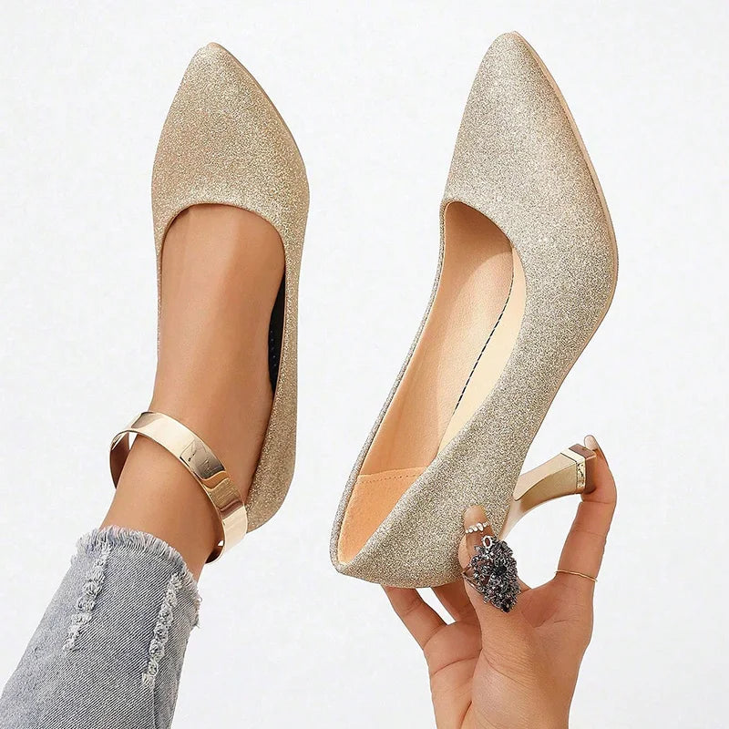Shiny Gold Sequin High Heels Pumps for Women 2025 Autumn Fashion Thin Heeled Party Wedding Shoes Pointed Toe Slip-On Pumps Mujer