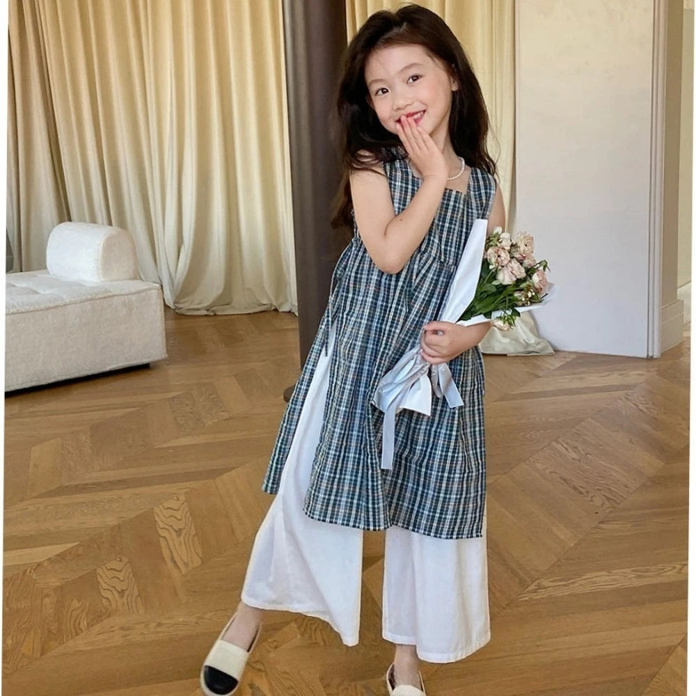 Kids Summer Fashion Sleeveless Square Neck Plaid Smock + Loose Pant 2 Pcs Set 3-7 Years Girls Daily Casual Clothes