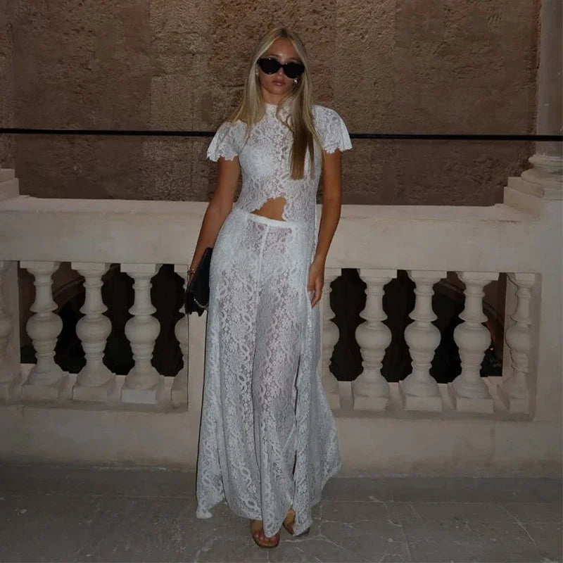 See Through Lace Vest Pant Set Women Beach Sling  Tops Pleated Straight Pants 2026 Summer Vacation Hollow Out Lady Suits
