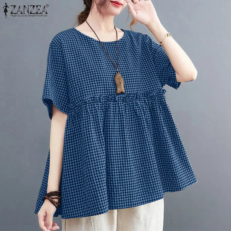 2025 ZANZEA Women Plaid Checked Blouse Summer Casual O Neck Short Sleeve Blusas Loose Tops Stylish Ruffled Work Shirt Oversize