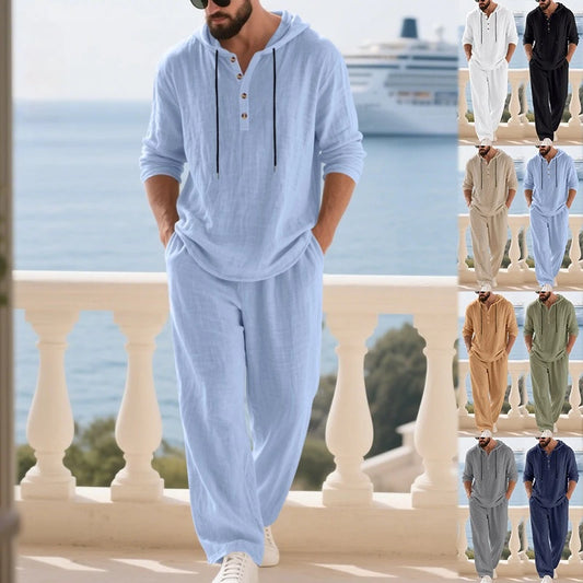 Men's Linen Hooded Sets 2 Piece Outfit Summer Casual Long Sleeve Hoodie and Wide Leg Pants Set for Men