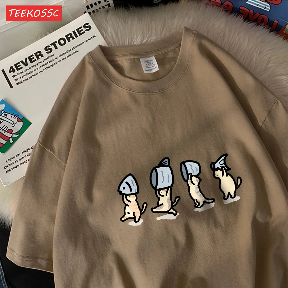 Four Little Cats Holding Fishcotton Women T-Shirts Cartoons Prints T Shirts Soft O-Neck Loose Short Sleeve Tops Summer Clothes