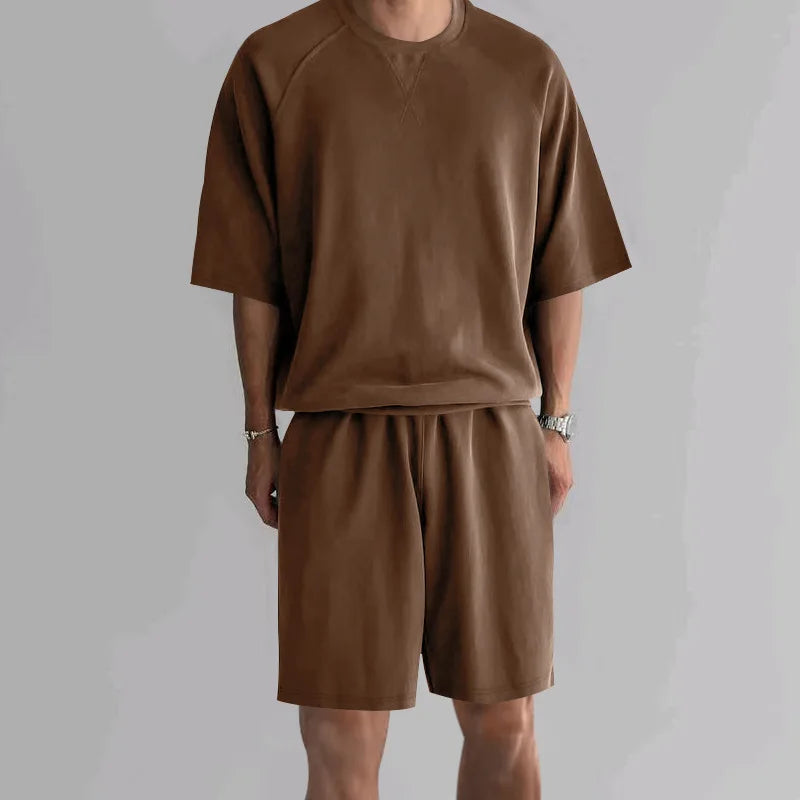 New 2026 Summer Men's Two Piece Sets Casual Loose Short Sleeve O Neck Tees and Shorts Tracksuits Men Stylish Solid Color Suits