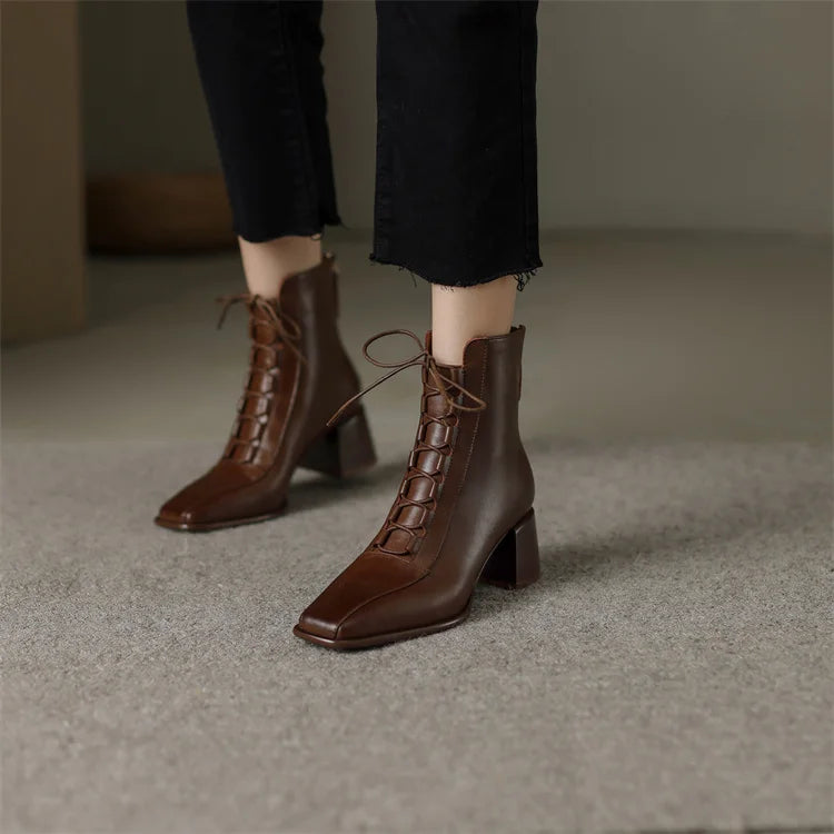 2026 Fashion Women Shoes Split Leather Short Boots Square Toe Chunky Boots Winter Shoes Women Solid High Heel Boots for Women