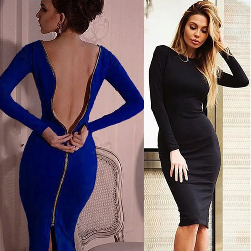 Spring new large size Bodycon dress Solid Color Round neck long sleeve Back zipper tight dress Female Fashion Clothes D1240 BAZAARHUBO