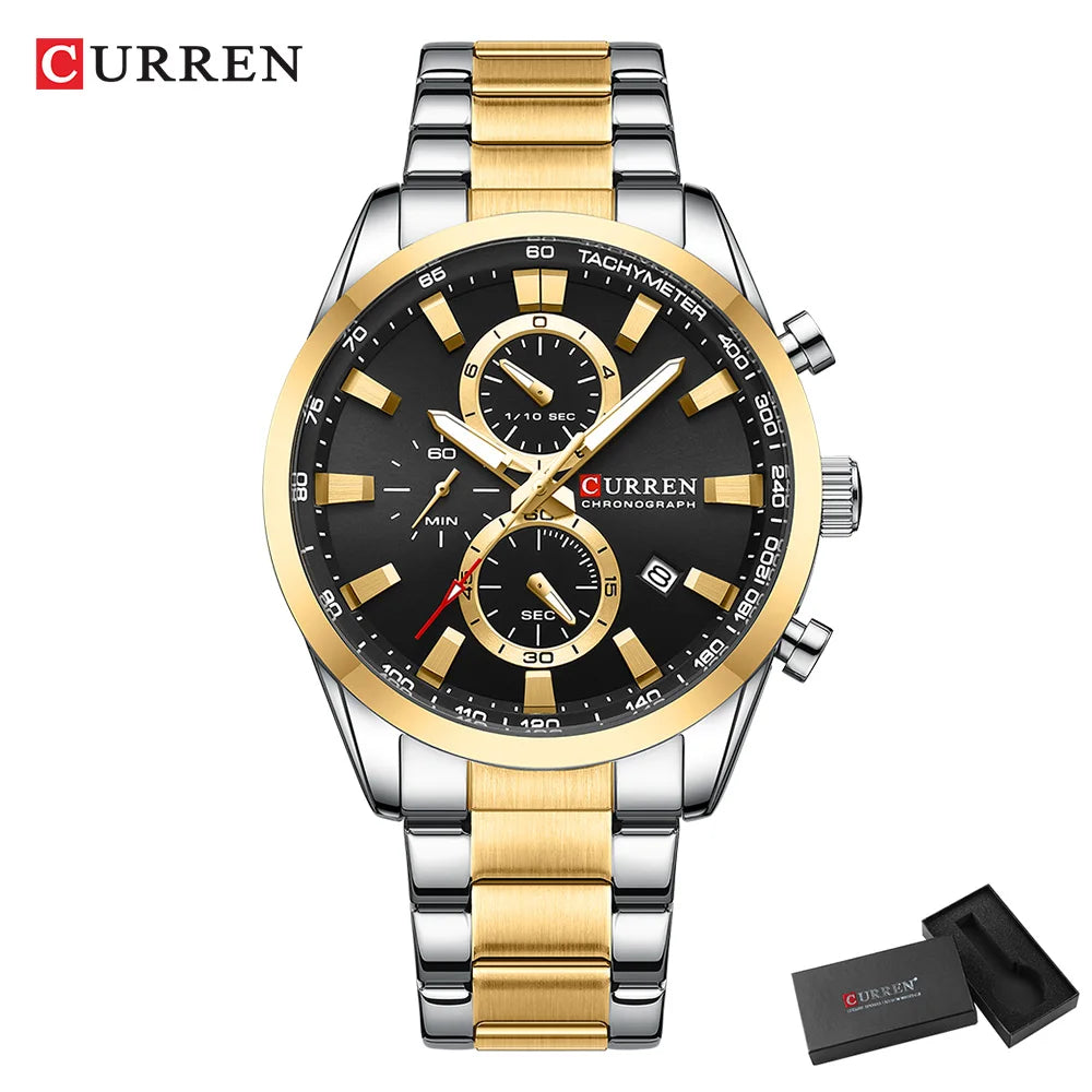 CURREN  New Sports Multifunction Stainless Steel Band Watches Fashion Brand Quartz Men's Wristwatches with Date